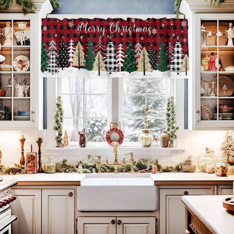 LooPoP Christmas Valance for Windows Merry Christmas Tree Curtains Valances Rod Pocket Valance Window Treatments Buffalo Plaid Short Curtains for Kitchen Living Room Bedroom Xmas Holiday 1 Panel 42x12 - Image 2